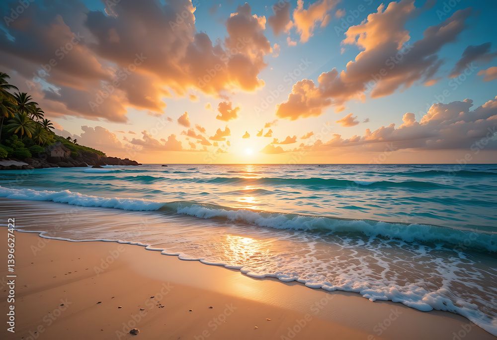 Obraz premium The Ocean Waves Gently Roll Onto A Sandy Beach At Sunset, With Palm Trees, Relaxation, Paradise