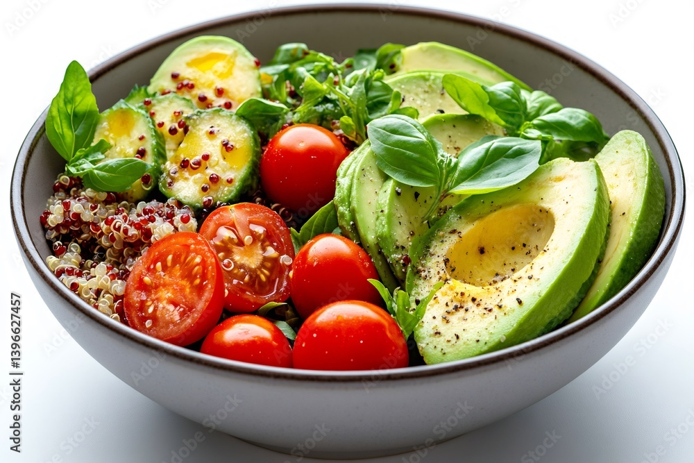 Bowl of healthy quinoa salad with avocado, cucumber and cherry tomatoes Bowl of healthy quinoa salad with avocado, cucumber and cherry tomatoes