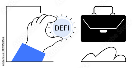 A hand holds a glowing DeFi coin, symbolizing decentralized finance innovation, next to a sleek briefcase. Ideal for blockchain, cryptocurrency, investment, fintech, economy, technology wealth