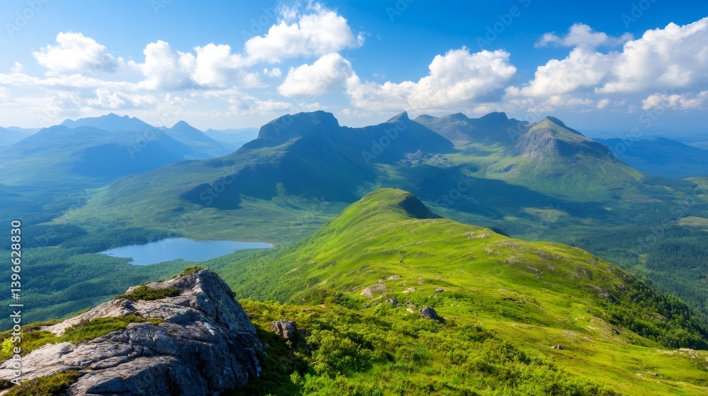 Naklejka premium Aerial view of Assynt mountains and Loch a' Mhadaidh in Scotland, United Kingdom