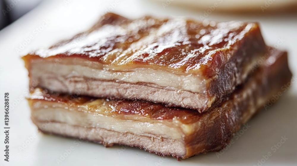 A detailed close-up of fresh pork belly with a glossy sheen, highlighting its layers of meat and fat, placed on a clean, white surface for emphasis. A detailed close-up of fresh pork belly with a glossy sheen, highlighting its layers of meat and fat, placed on a clean, white surface for emphasis.