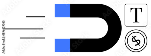 Horseshoe magnet pulling dollar sign and text icons, symbolizing content creation, monetization, and audience attention. Ideal for marketing, branding, strategy, engagement, communication