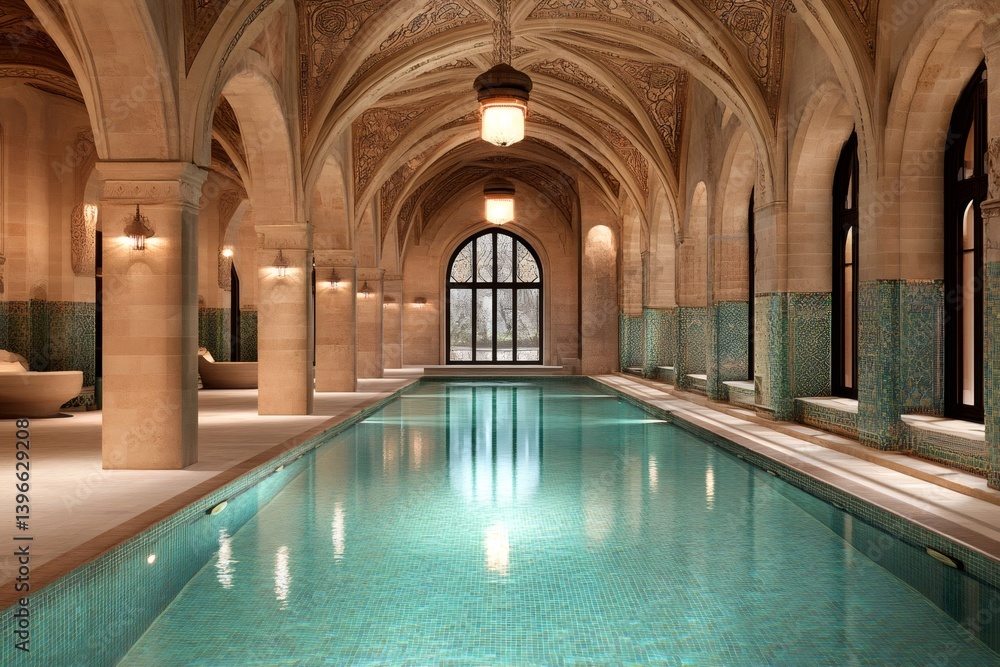 Elegant indoor swimming pool with turquoise mosaic tiles in luxurious arabic style