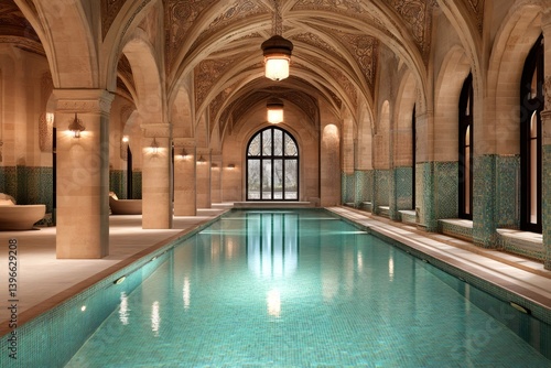 Obraz na płótnie Elegant indoor swimming pool with turquoise mosaic tiles in luxurious arabic style w salonie