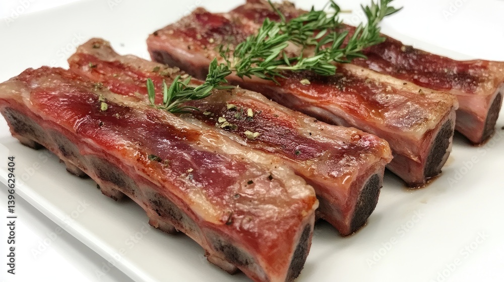 A detailed view of fresh pork ribs with a glistening surface, highlighting their texture and quality, set on a white background for a clean, professional look. A detailed view of fresh pork ribs with a glistening surface, highlighting their texture and quality, set on a white background for a clean, professional look.