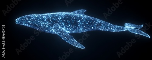 Glowing ethereal whale swims alone in the black ocean, a digital rendering