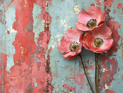 Beautiful Realistic Floral Decoration Against Vintage Shabby Chic Wall with Peeling Paint in Soft Pastels and Textured Background