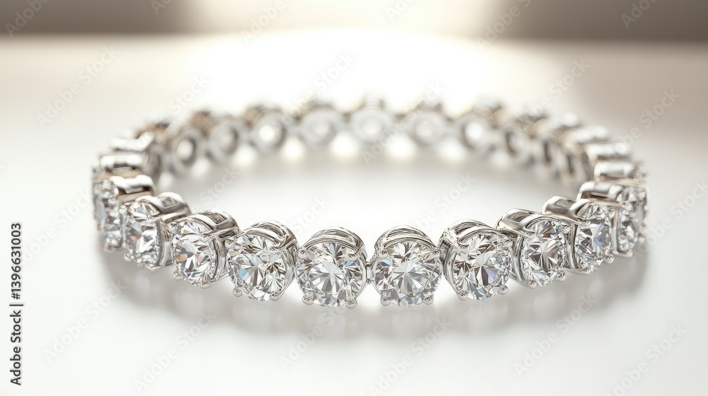 A high-resolution shot of a luxurious diamond bracelet arranged neatly on a white surface, showcasing the gleaming stones and polished metal. A high-resolution shot of a luxurious diamond bracelet arranged neatly on a white surface, showcasing the gleaming stones and polished metal.