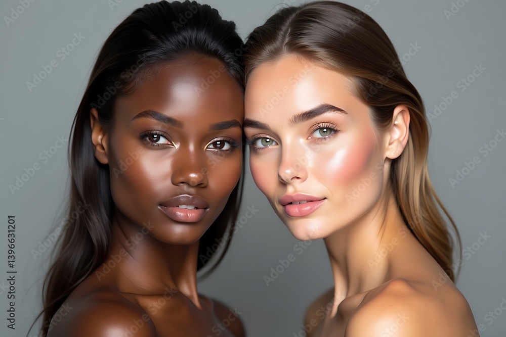 Two Women With Different Skin Tones Are Posing Next To Each Other, One With Dark Skin And One With Fair Skin, Showing Diversity And Elegance. Beauty Diversity, Friendship, Model Pose Two Women With Different Skin Tones Are Posing Next To Each Other, One With Dark Skin And One With Fair Skin, Showing Diversity And Elegance. Beauty Diversity, Friendship, Model Pose