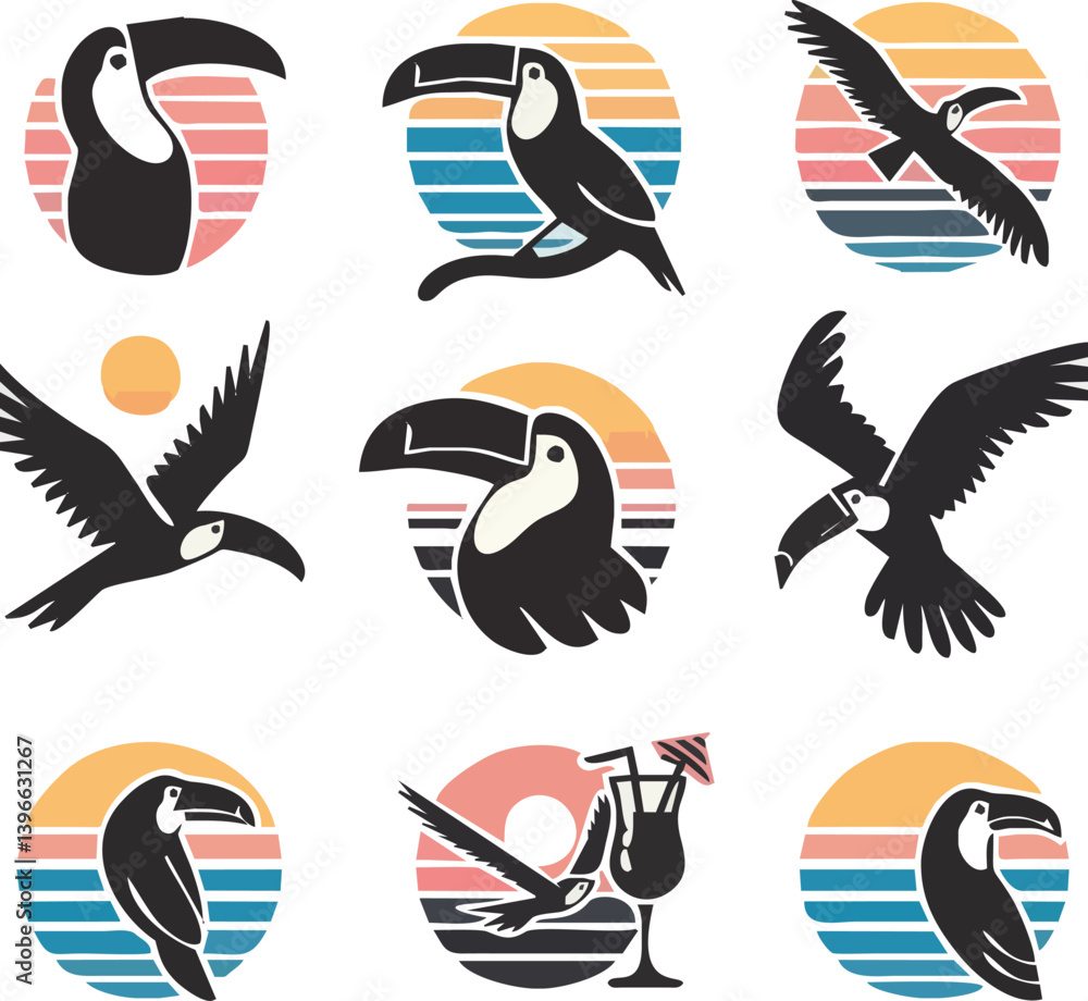Obraz premium Tropical Toucan Icon Set: A collection of striking toucan illustrations, artfully set against a vibrant backdrop of a colorful sunset, creating a compelling visual narrative of the tropics.