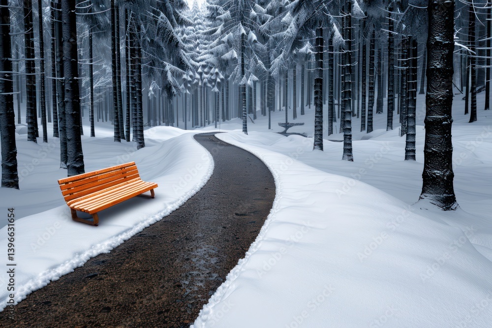 Winter Wonderland: Tranquil Forest Scene with Snow-Covered Evergreen Trees, Wooden Bench, and Babbling Creek in Soft Pastel Hues