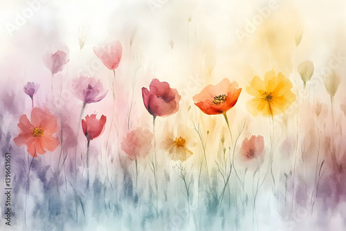A vibrant watercolor painting of various colorful flowers in a field.