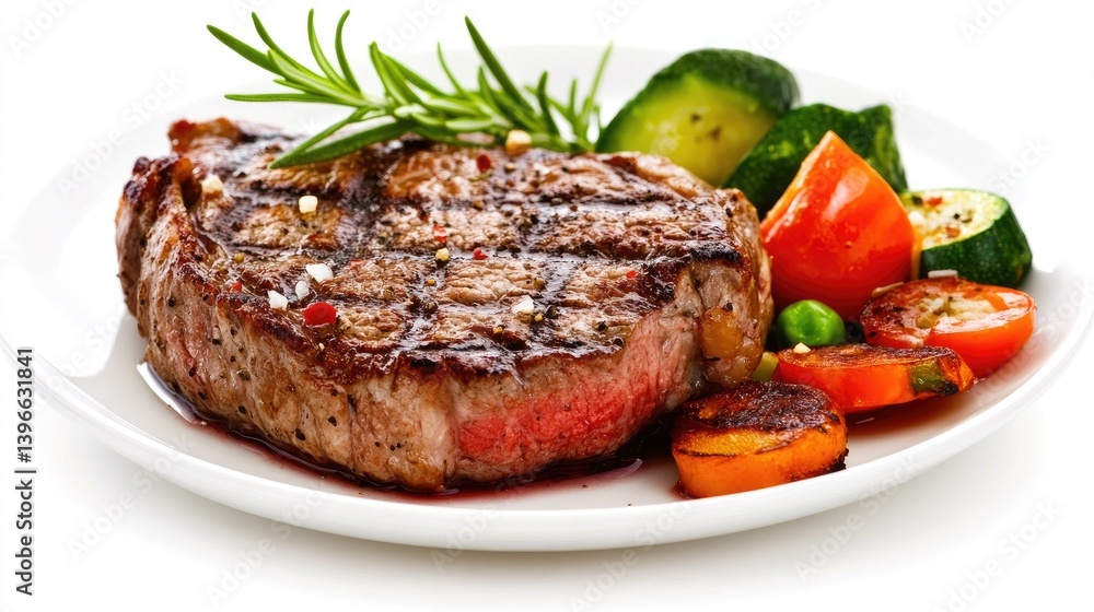 A perfectly cooked steak served on a pristine white plate, with a side of fresh vegetables and a sprig of rosemary, set against a clean, white background. A perfectly cooked steak served on a pristine white plate, with a side of fresh vegetables and a sprig of rosemary, set against a clean, white background.
