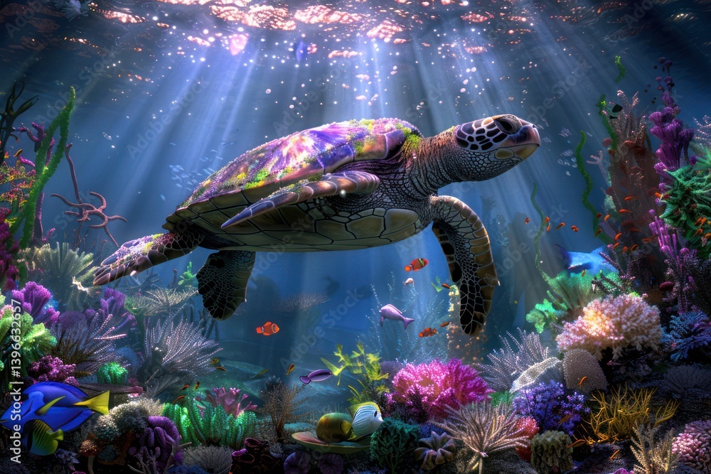 Vibrant Underwater Ecosystem: Colorful Marine Life in Serene Harmony with Shimmering Light and Peaceful Coexistence