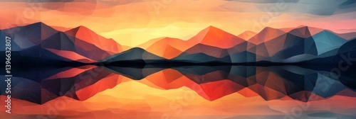 Mountains reflected in water at sunset with orange and blue colors.