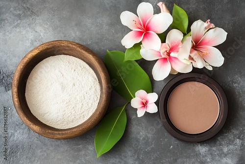 An overhead composition featuring makeup powder flowers and foliage