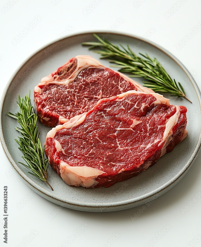 Raw Ribeye Steaks Freshly Prepared on a Plate with Rosemary Raw Ribeye Steaks Freshly Prepared on a Plate with Rosemary