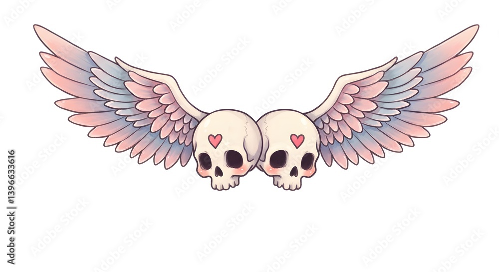 Obraz premium Delicate Union: Pastel Winged Skulls with Heart Accents for Ethereal Design