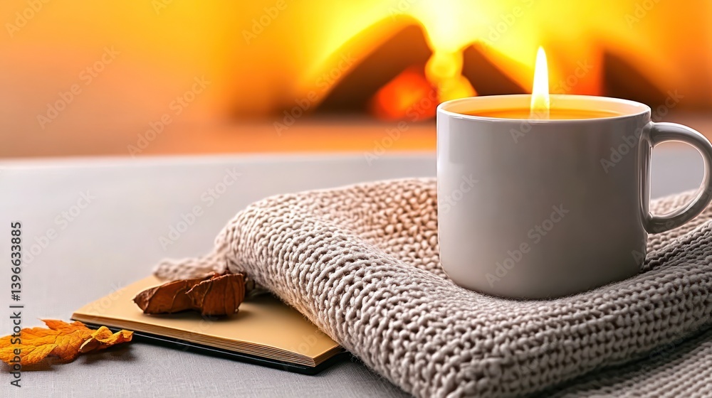 Cozy and Relaxing Living Room Scene with Fireplace, Comfortable Seating, Warm Lighting, Book, Tea, Blanket. Peaceful and Tranquil Home Decor.