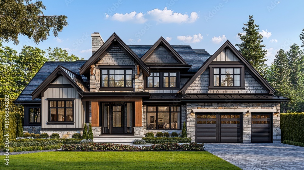Modern Smart Home with Energy Efficient Design Surrounded by Lush Landscaping and Clear Blue Sky Modern Smart Home with Energy Efficient Design Surrounded by Lush Landscaping and Clear Blue Sky