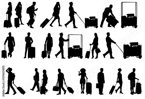 Set of people at airport silhouette