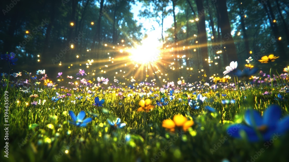 Tranquil Forest Meadow with Sunlight and Wildflowers - Serene Nature Scene with Gentle Stream and Tall Trees - Calm and Peaceful Landscape with Warmth and Light