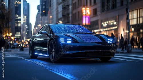 A sleek self-driving electric vehicle navigating through a city, with AI-powered sensors and glowing maps