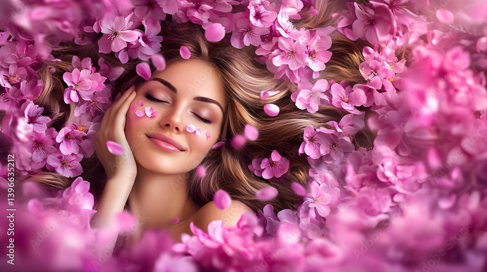 Graceful Woman Dreaming Amidst Blooming Pink Petals in Nature