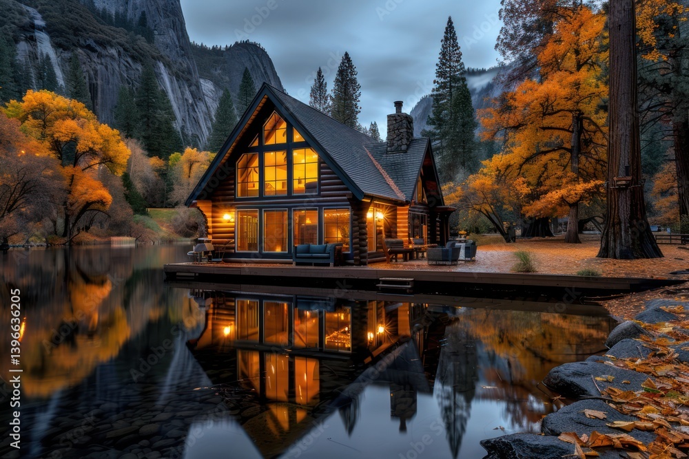 Cozy Rustic Cabin in Autumn Mountains with Serene Lake, Warm Glow, and Sunset Sky - Peaceful Ambiance and Beauty of Nature for Relaxation and Solace