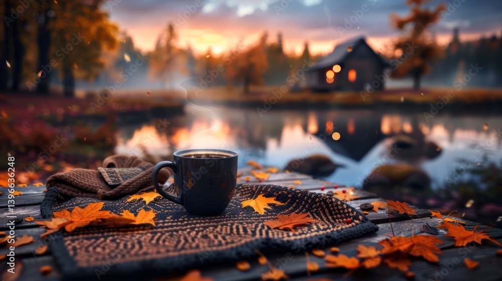 Cozy Autumn Scene: Hot Cocoa, Blanket, Cabin, Boots, Firewood in Colorful Forest. Warm and Inviting Atmosphere of Peaceful Relaxation.