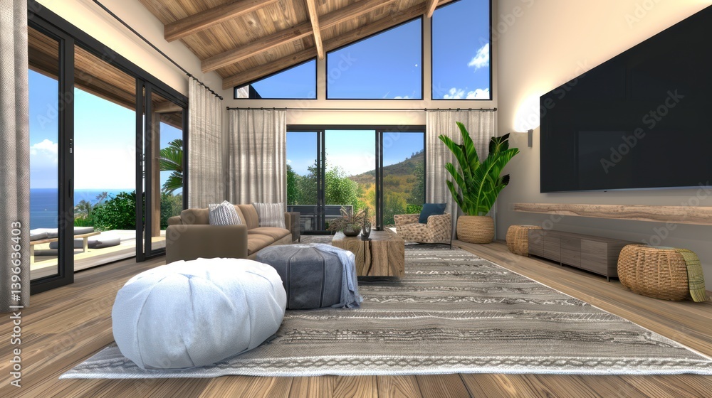 Modern Minimalist Living Room with Natural Light, Neutral Tones, Plush Decor, and Sleek Black TV Wall Mount. Peaceful and Tranquil Space for Relaxation.
