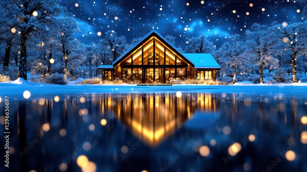 Tranquil Winter Night: Cozy Rustic Cabin in Snowcovered Forest with Warm Glowing Light, Serene Peaceful Setting, Snowflakes Falling under Starry Sky, Beauty and Tranquility of Quiet Woods