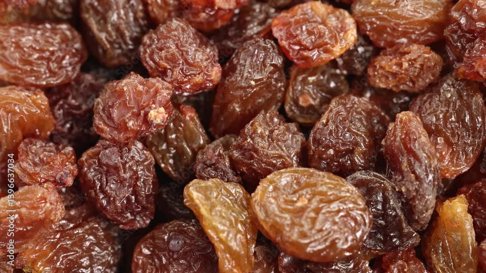 Macro Close-Up of Raisins Falling into a Pile Macro Close-Up of Raisins Falling into a Pile