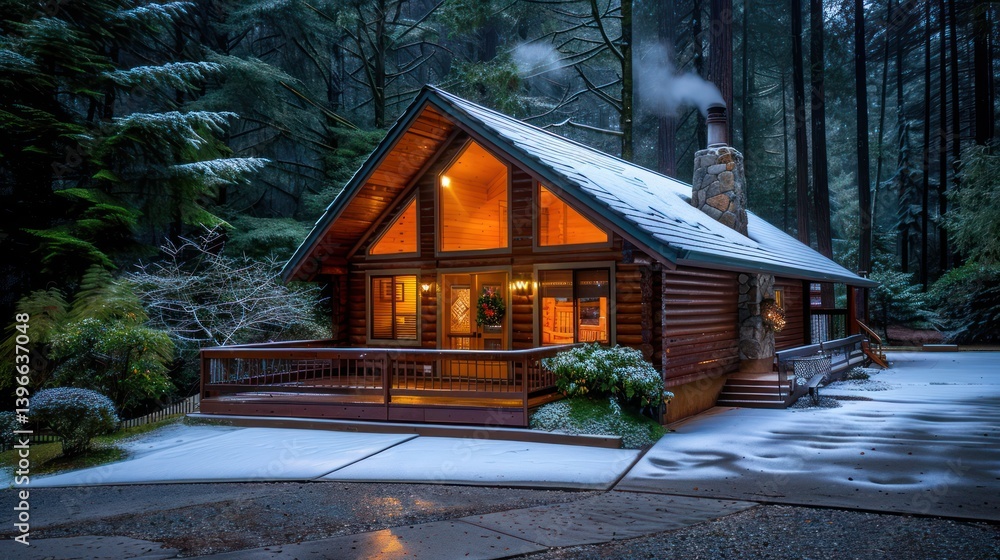 Winter Wonderland: Cozy Cabin in Snowy Forest with Smoke from Chimney, Pine Trees, Icicles, Snowflakes, Wreath, Sled, and Warm Atmosphere for Peaceful and Tranquil Feeling