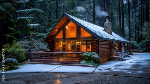 Obraz na płótnie Winter Wonderland: Cozy Cabin in Snowy Forest with Smoke from Chimney, Pine Trees, Icicles, Snowflakes, Wreath, Sled, and Warm Atmosphere for Peaceful and Tranquil Feeling w salonie