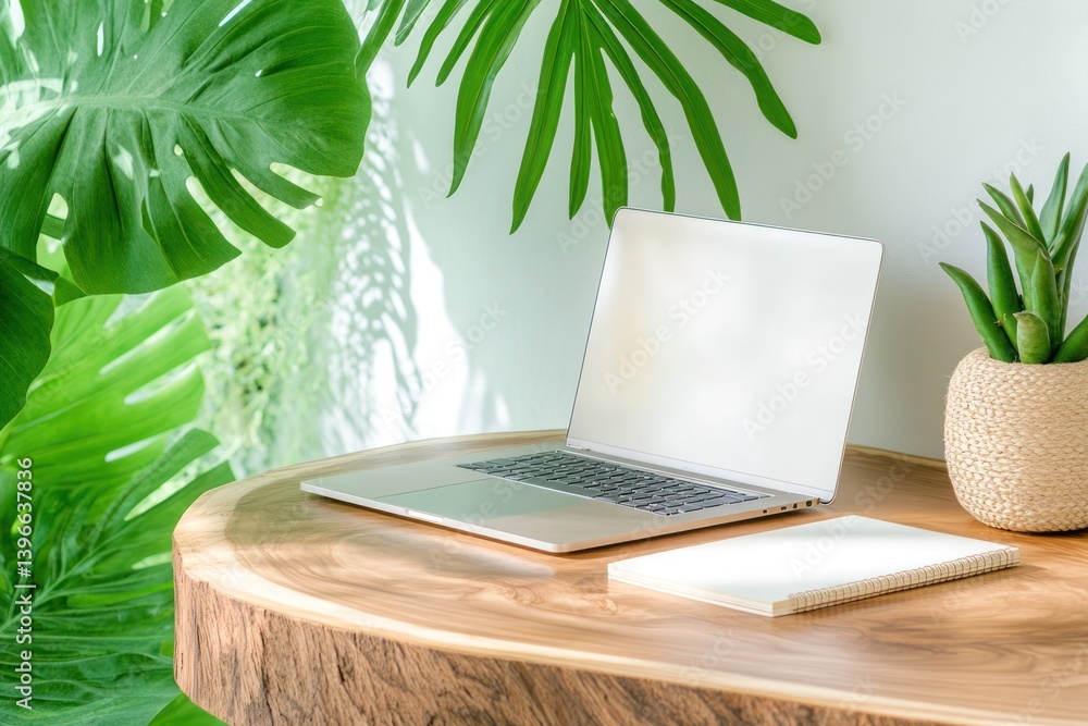 Serene Nature-Inspired Workspace with Laptop, Notebook, Plants, and Soft Natural Light Evoking Feelings of Peace, Productivity, Balance, and Inspiration