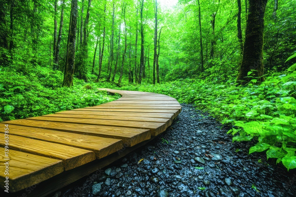 Serene Nature Trail in Lush Forest with Creek, Sunlight, and Wooden Footbridge - Ideal for Outdoor Activities, Relaxation, and Mindfulness Promotions