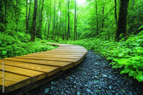 Obraz na płótnie Serene Nature Trail in Lush Forest with Creek, Sunlight, and Wooden Footbridge - Ideal for Outdoor Activities, Relaxation, and Mindfulness Promotions w salonie