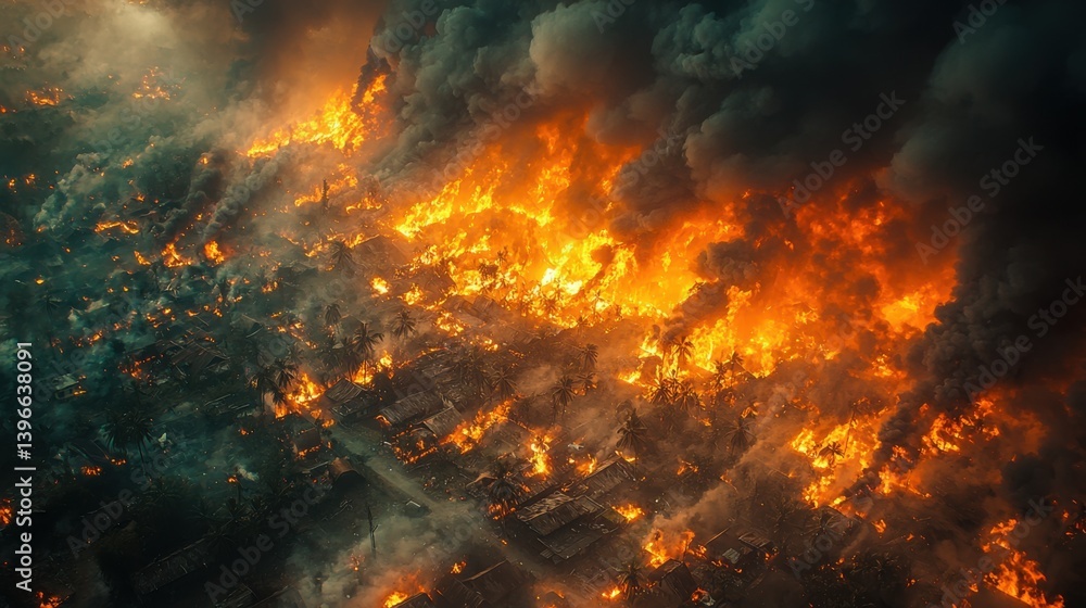 Catastrophic Wildfire Overhead View Reveals Destruction: Intense Orange Flames and Dark Smoke Consume Tropical Village Landscape in Chaotic and Devastating Atmosphere Catastrophic Wildfire Overhead View Reveals Destruction: Intense Orange Flames and Dark Smoke Consume Tropical Village Landscape in Chaotic and Devastating Atmosphere