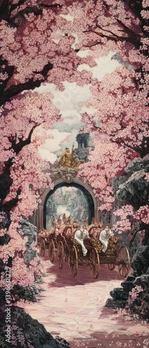 A bridge surrounded by pink cherry blossom flowers in a garden setting.