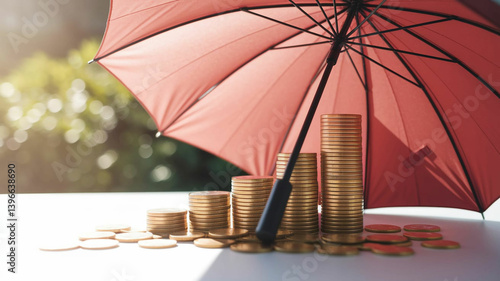 Wallpaper Mural Stacks of Gold Coins Protected by Red Umbrella Representing Financial Security Torontodigital.ca