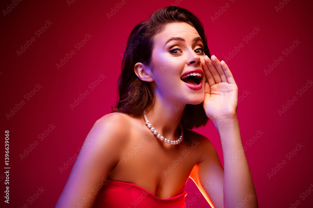 Stylish young woman in elegant attire poses against vibrant pink background with a confident and elegant expression Stylish young woman in elegant attire poses against vibrant pink background with a confident and elegant expression