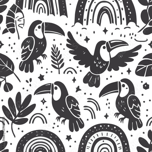 Toucans and Tropical Pattern: An eye-catching, seamless pattern design, filled with stylized toucans and vibrant tropical flora. The imagery captures the essence of the rainforest.