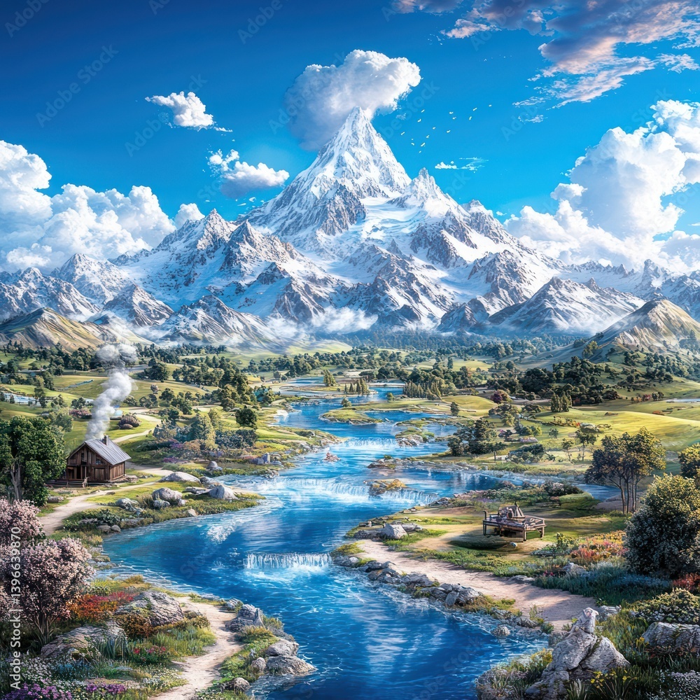 Tranquil Mountain Landscape with Winding River and Cozy Cabin in Misty Morning Light, Snowcapped Peaks, Lush Greenery, and Crystal Clear Water, Escape to Serene Idyllic World