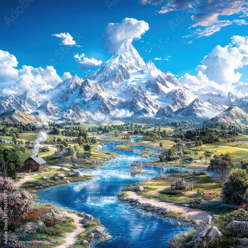 Obraz na płótnie Tranquil Mountain Landscape with Winding River and Cozy Cabin in Misty Morning Light, Snowcapped Peaks, Lush Greenery, and Crystal Clear Water, Escape to Serene Idyllic World w salonie