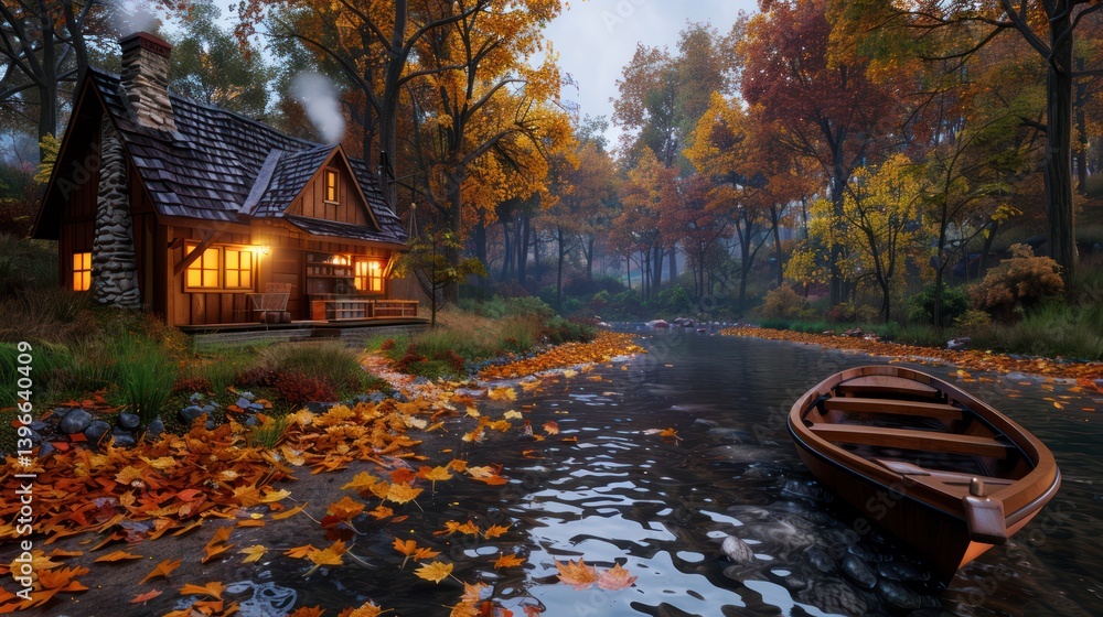 Serene autumn escape: Cozy cabin in lush forest with stream, rowboat, and warm lights. Misty atmosphere, colorful leaves, peaceful retreat.