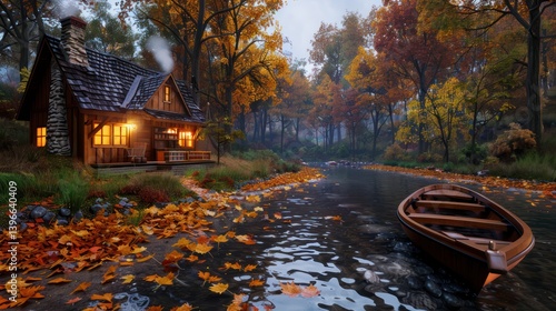 Obraz na płótnie Serene autumn escape: Cozy cabin in lush forest with stream, rowboat, and warm lights. Misty atmosphere, colorful leaves, peaceful retreat. w salonie