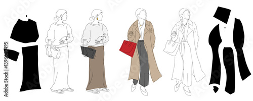 春のレディーストレンドファッション、大人女子綺麗めファッションのシンプル線画手描きベクターイラスト素材セット背景透過　