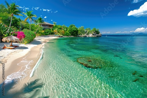 Tranquil Tropical Beach Escape: Clear Turquoise Waters, White Sand, Palm Trees, Beach Umbrella, and Chair - Relax and Unwind in Paradise