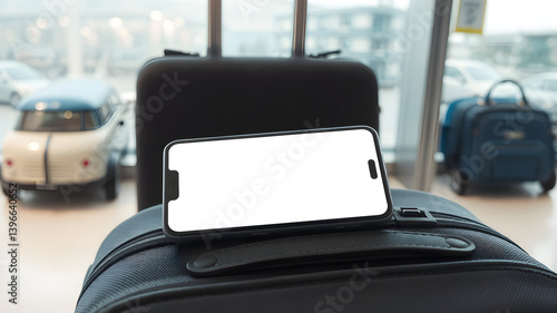 A smartphone with a blank screen on a suitcase at the airport.